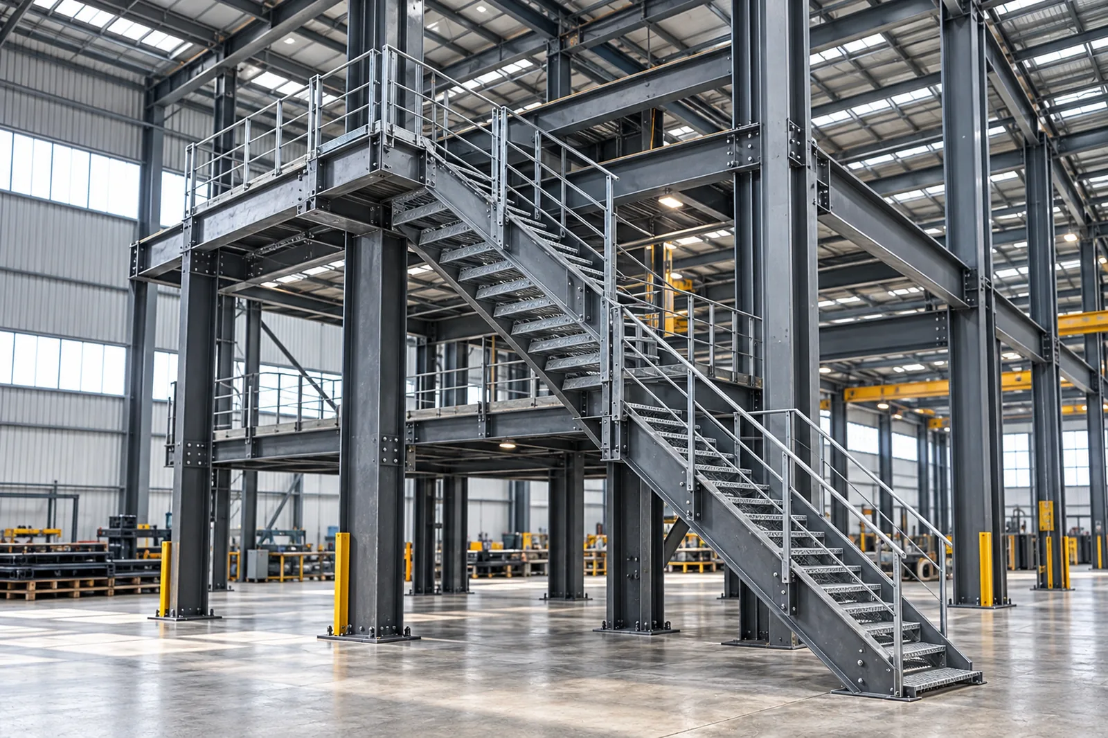 Fabricated steel staircase in an engineering workshop