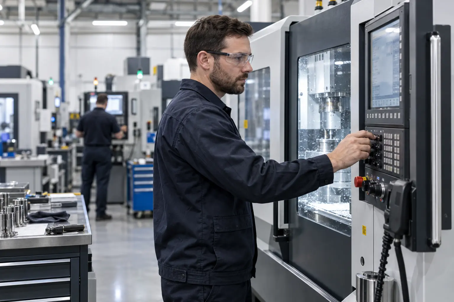 Operator working at a CNC machine on the production floor