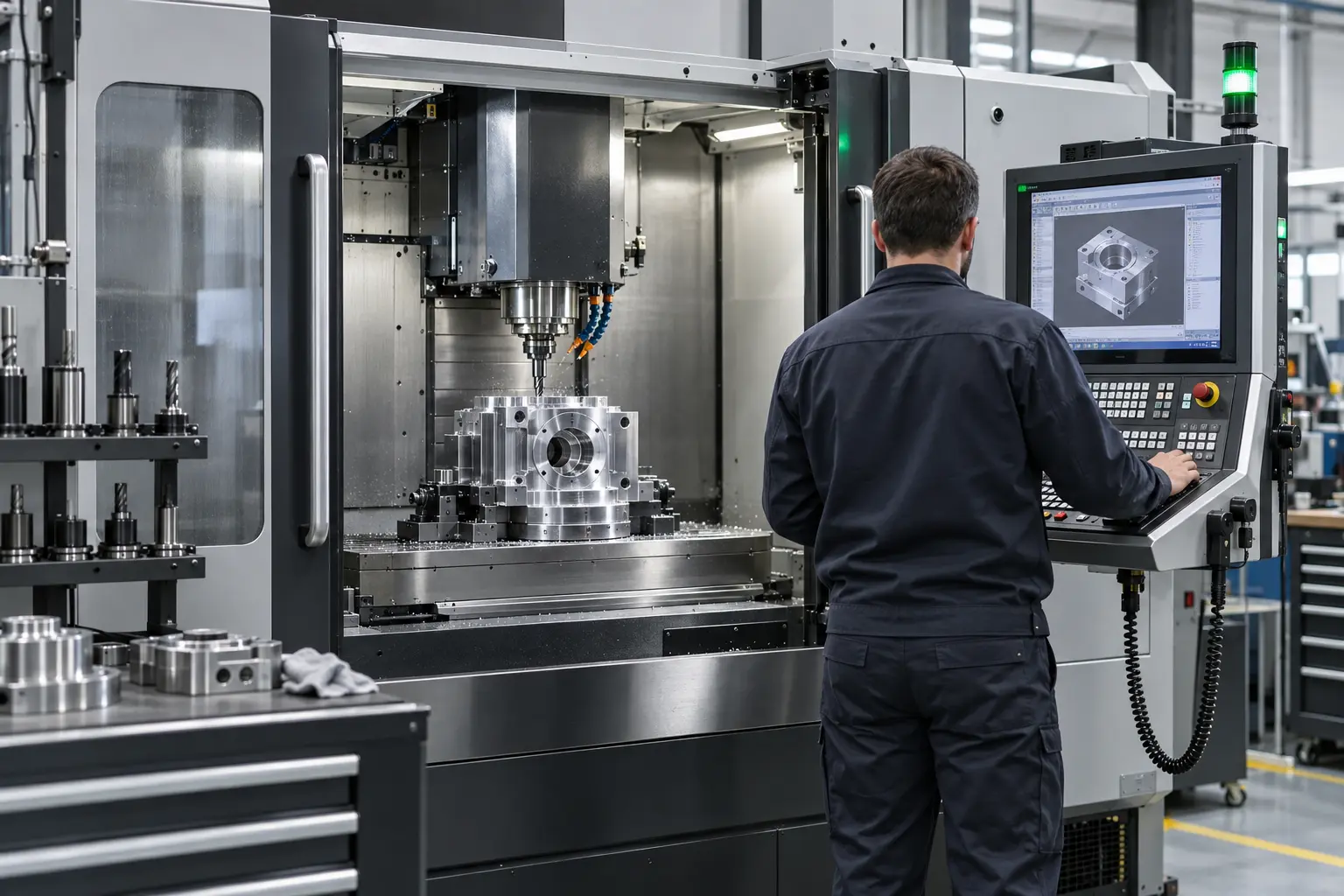 Operator at a CNC machine on the manufacturing floor