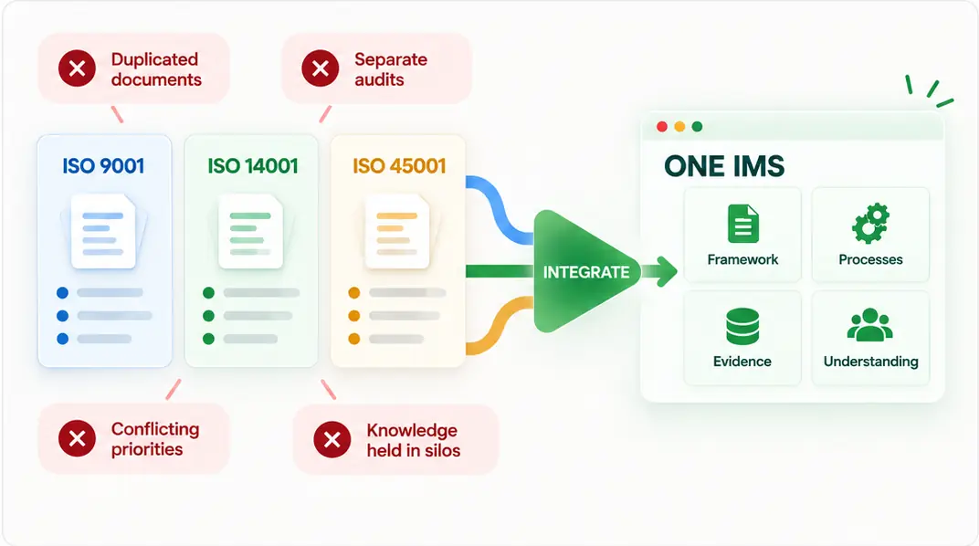 ISO 9001, ISO 14001 and ISO 45001 integrating into one IMS