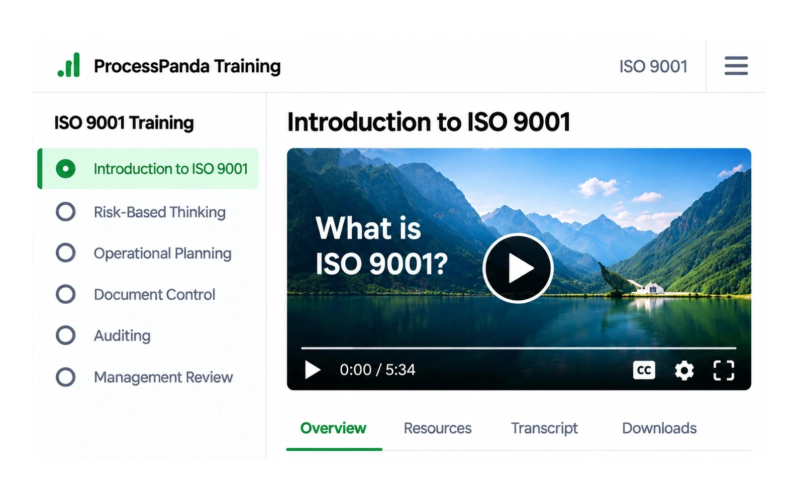 ProcessPanda ISO 9001 training interface showing Introduction to ISO 9001 video lesson