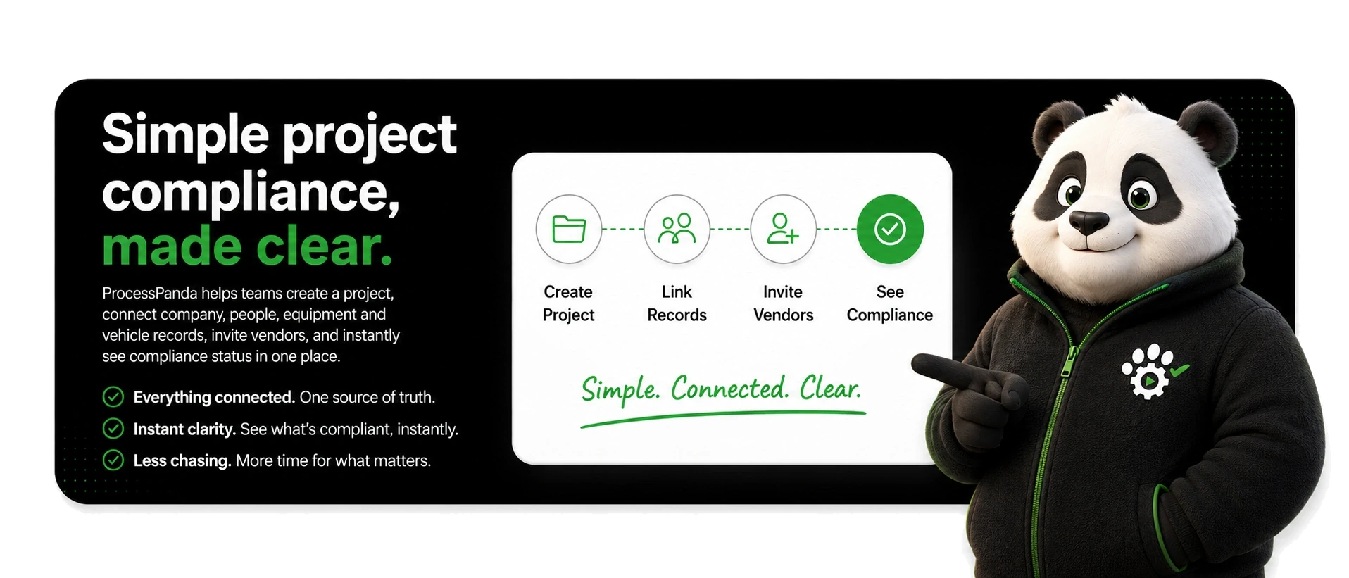 Simple project compliance, made clear. Create a project, link records, invite vendors and see compliance in one place.