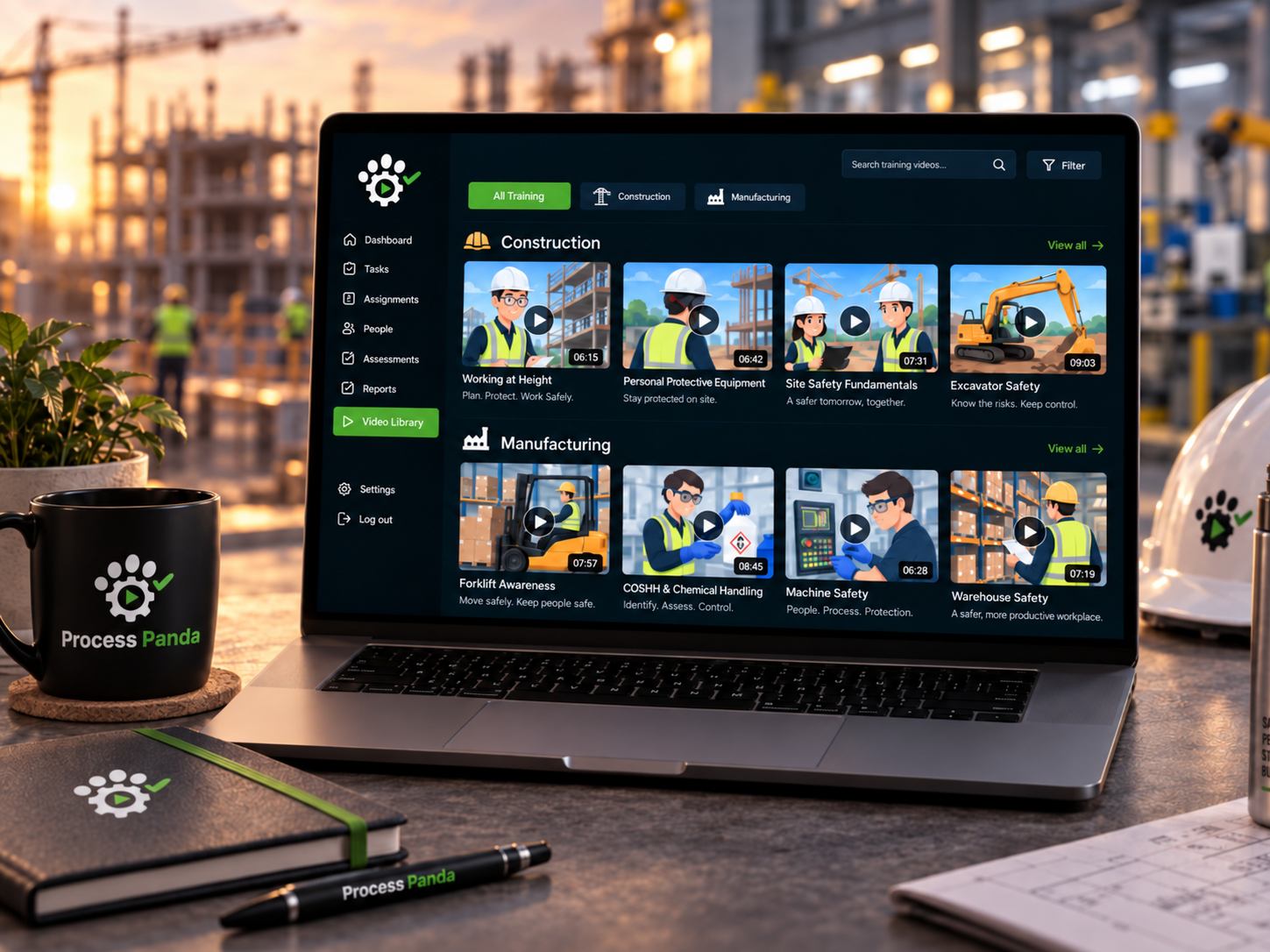 ProcessPanda Video Library on a laptop with Construction and Manufacturing toolbox talks